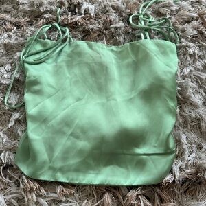 Green Satin Camisole Top With Ruched Back